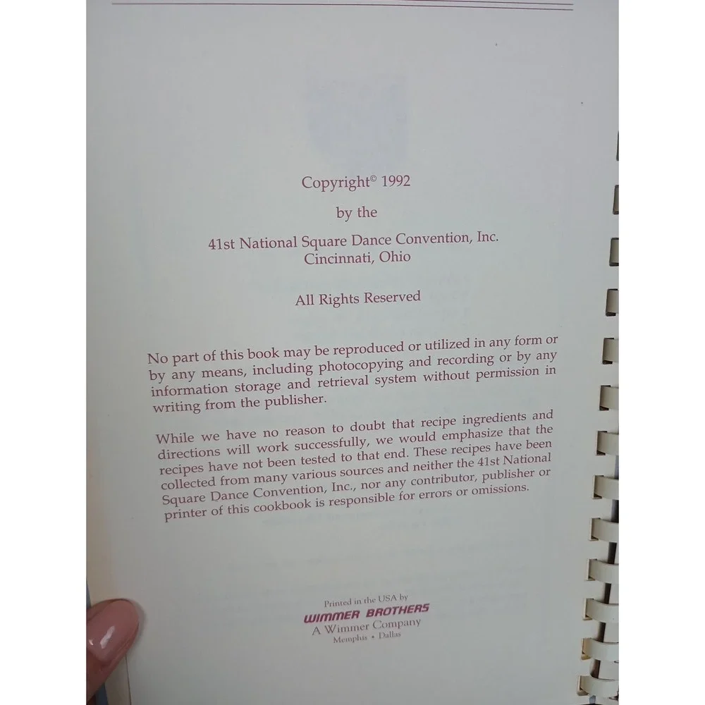 National Square‎ Dance Convention Cookbook Cincinnati, Ohio 1992 Spiral Vintage